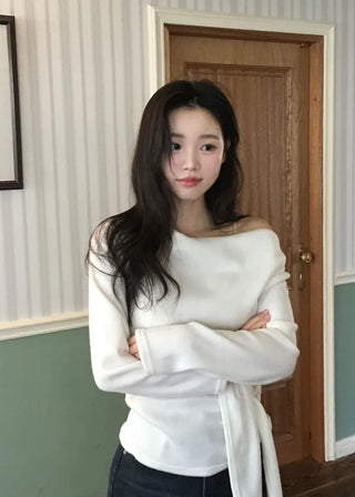 Awai drape off-shoulder waist strap outer fleece long sleeve knit t-shirt