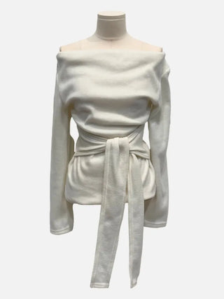 Awai drape off-shoulder waist strap outer fleece long sleeve knit t-shirt