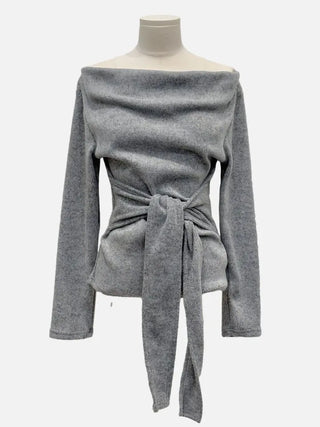 Awai drape off-shoulder waist strap outer fleece long sleeve knit t-shirt