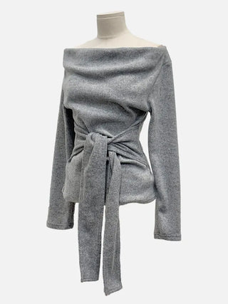 Awai drape off-shoulder waist strap outer fleece long sleeve knit t-shirt