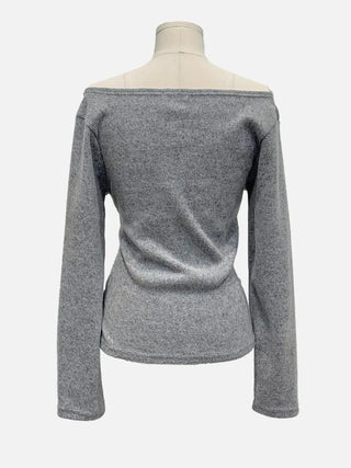 Awai drape off-shoulder waist strap outer fleece long sleeve knit t-shirt