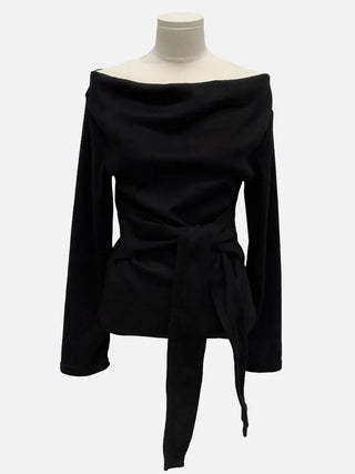 Awai drape off-shoulder waist strap outer fleece long sleeve knit t-shirt
