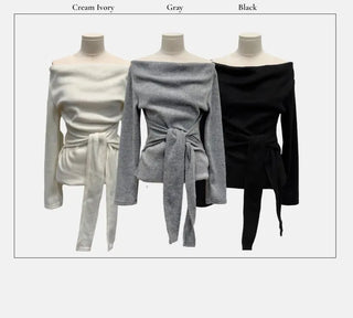 Awai drape off-shoulder waist strap outer fleece long sleeve knit t-shirt
