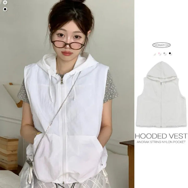 Hanami Hooded Anorak String Nylon Loose Fit Pocket Vest