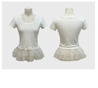 Morebi dot lace muffler layered frill cancan short sleeve t-shirt set