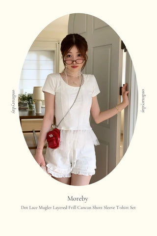 Morebi dot lace muffler layered frill cancan short sleeve t-shirt set