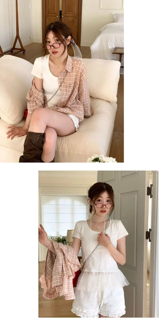 Morebi dot lace muffler layered frill cancan short sleeve t-shirt set
