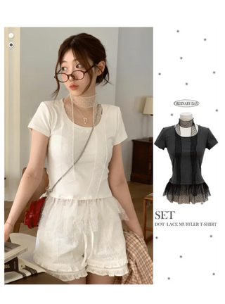 Morebi dot lace muffler layered frill cancan short sleeve t-shirt set