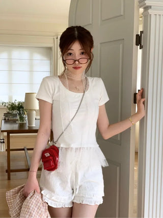 Morebi dot lace muffler layered frill cancan short sleeve t-shirt set