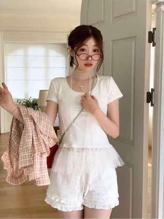 Morebi dot lace muffler layered frill cancan short sleeve t-shirt set