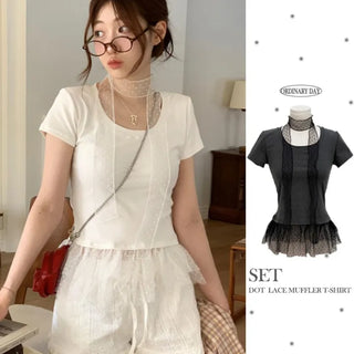 Morebi dot lace muffler layered frill cancan short sleeve t-shirt set