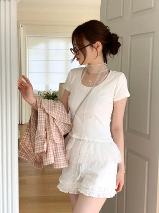 Morebi dot lace muffler layered frill cancan short sleeve t-shirt set