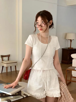 Morebi dot lace muffler layered frill cancan short sleeve t-shirt set