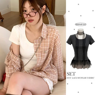 Morebi dot lace muffler layered frill cancan short sleeve t-shirt set