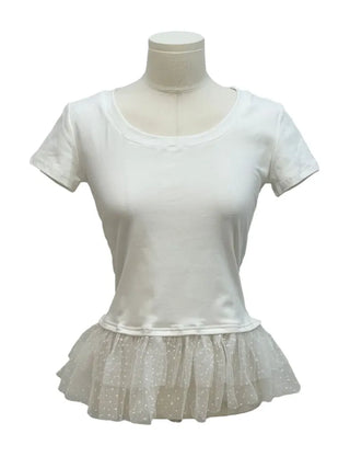 Morebi dot lace muffler layered frill cancan short sleeve t-shirt set