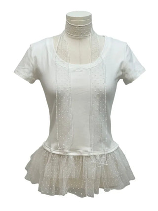 Morebi dot lace muffler layered frill cancan short sleeve t-shirt set