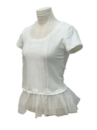 Morebi dot lace muffler layered frill cancan short sleeve t-shirt set