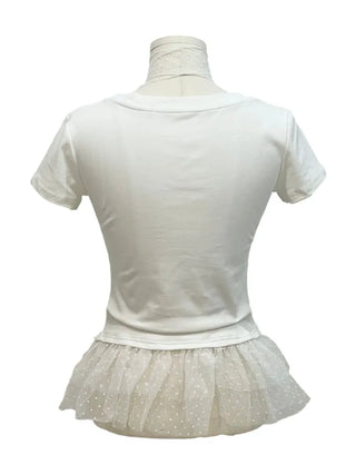 Morebi dot lace muffler layered frill cancan short sleeve t-shirt set