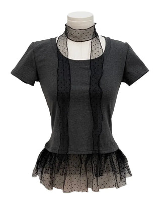 Morebi dot lace muffler layered frill cancan short sleeve t-shirt set