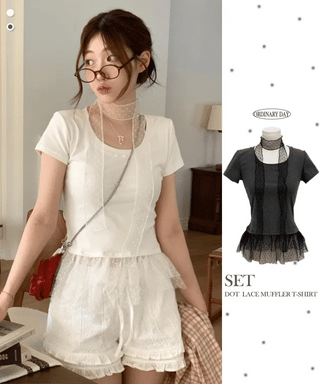 Morebi dot lace muffler layered frill cancan short sleeve t-shirt set