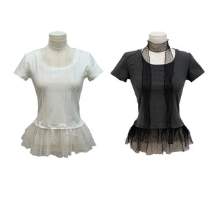 Morebi dot lace muffler layered frill cancan short sleeve t-shirt set