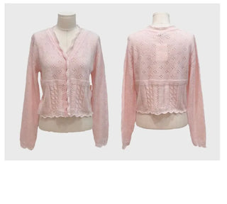 Umito Frill Vintage Flower Punching Loose Fit Wave Long Sleeve Knit Cardigan