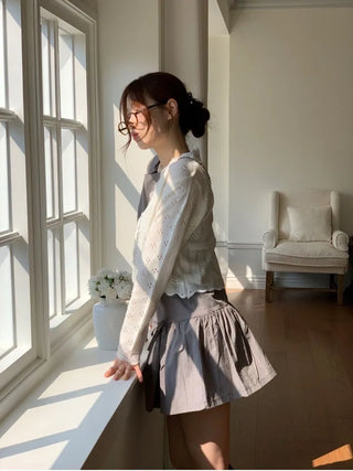 Umito Frill Vintage Flower Punching Loose Fit Wave Long Sleeve Knit Cardigan