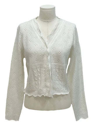 Umito Frill Vintage Flower Punching Loose Fit Wave Long Sleeve Knit Cardigan