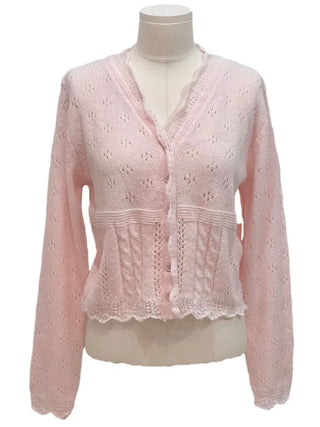 Umito Frill Vintage Flower Punching Loose Fit Wave Long Sleeve Knit Cardigan