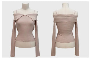 Hazel shoulder strap off-shoulder loose fit glam long sleeve rib knit