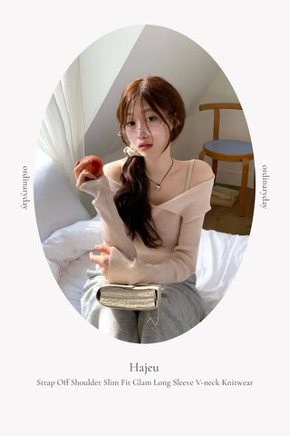 Hazel shoulder strap off-shoulder loose fit glam long sleeve rib knit