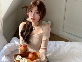 Hazel shoulder strap off-shoulder loose fit glam long sleeve rib knit