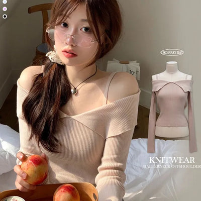 Hazel shoulder strap off-shoulder loose fit glam long sleeve rib knit
