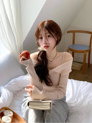Hazel shoulder strap off-shoulder loose fit glam long sleeve rib knit