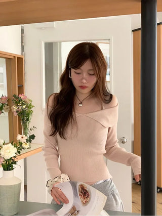 Hazel shoulder strap off-shoulder loose fit glam long sleeve rib knit