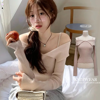 Hazel shoulder strap off-shoulder loose fit glam long sleeve rib knit