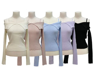 Hazel shoulder strap off-shoulder loose fit glam long sleeve rib knit