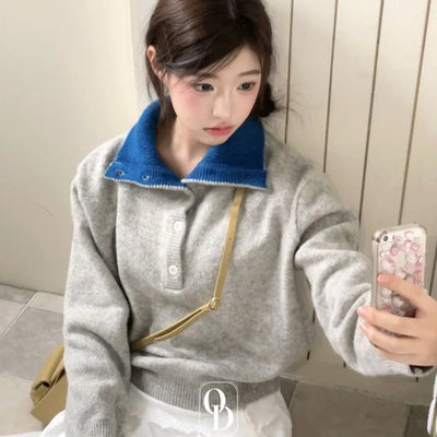 Airel High neck Two-way button color block collar neck Long sleeve knit