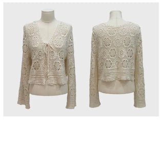 Yukia Vintage Flower Crochet Loose Fit Ribbon Strap Long Sleeve Cardigan