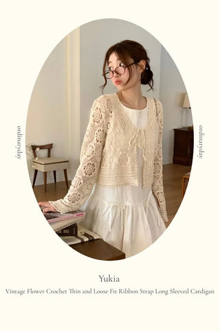 Yukia Vintage Flower Crochet Loose Fit Ribbon Strap Long Sleeve Cardigan