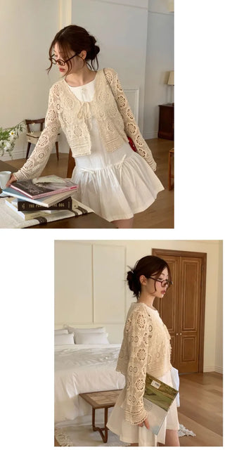 Yukia Vintage Flower Crochet Loose Fit Ribbon Strap Long Sleeve Cardigan
