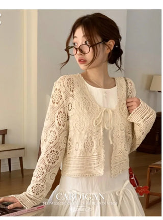 Yukia Vintage Flower Crochet Loose Fit Ribbon Strap Long Sleeve Cardigan