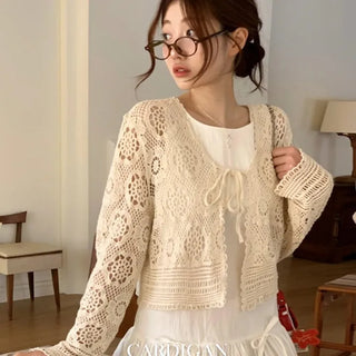 Yukia Vintage Flower Crochet Loose Fit Ribbon Strap Long Sleeve Cardigan