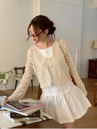 Yukia Vintage Flower Crochet Loose Fit Ribbon Strap Long Sleeve Cardigan