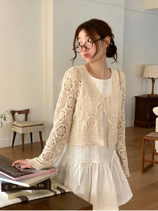 Yukia Vintage Flower Crochet Loose Fit Ribbon Strap Long Sleeve Cardigan