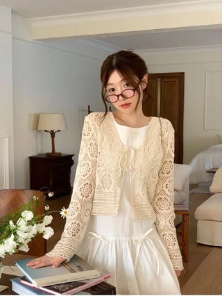 Yukia Vintage Flower Crochet Loose Fit Ribbon Strap Long Sleeve Cardigan