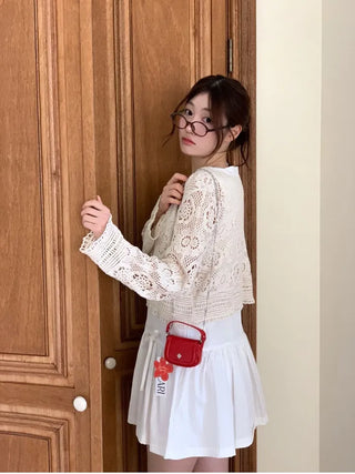 Yukia Vintage Flower Crochet Loose Fit Ribbon Strap Long Sleeve Cardigan