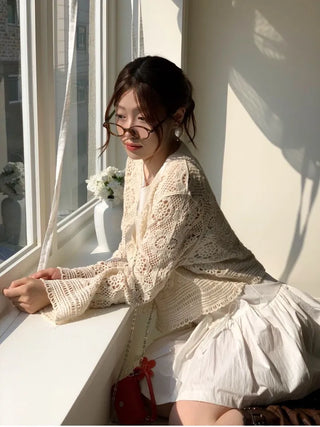 Yukia Vintage Flower Crochet Loose Fit Ribbon Strap Long Sleeve Cardigan