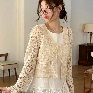 Yukia Vintage Flower Crochet Loose Fit Ribbon Strap Long Sleeve Cardigan