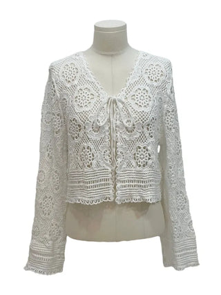 Yukia Vintage Flower Crochet Loose Fit Ribbon Strap Long Sleeve Cardigan